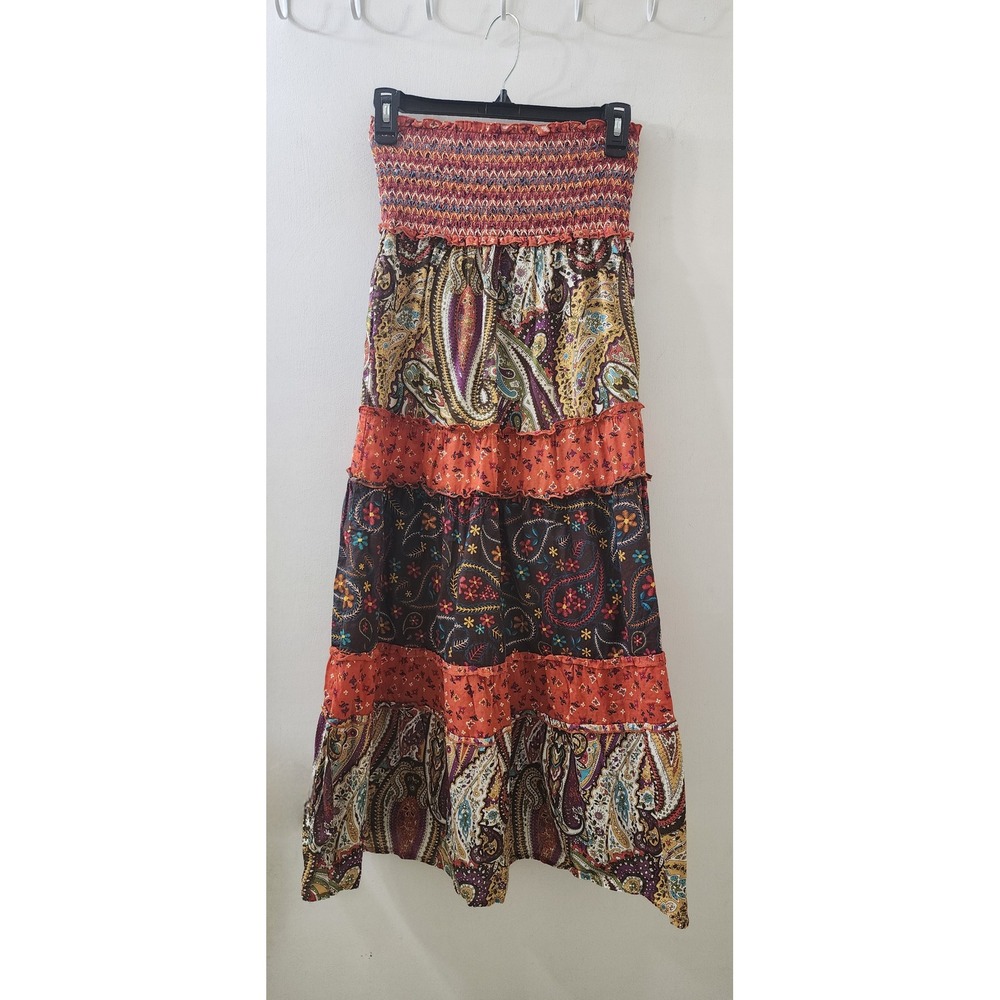 Mossimo Supply Co Womens L Paisley Tiered Smocked Strapless Maxi Dress Cotton